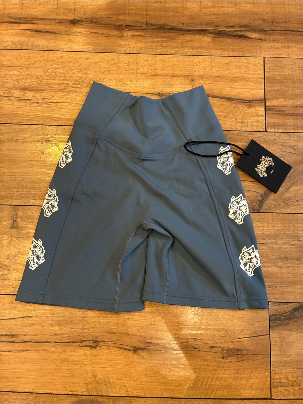 Darc Sport Slate Blue High-Rise Bike Shorts with White Wolf Graphics